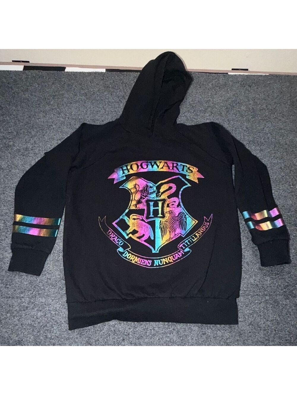 Harry Potter Hogwarts Hoodie Black Rainbow Metallic Foil kids 12-14yr